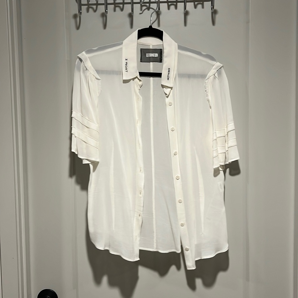 Reformation “I Regret Nothing” Sheer Ivory Blouse